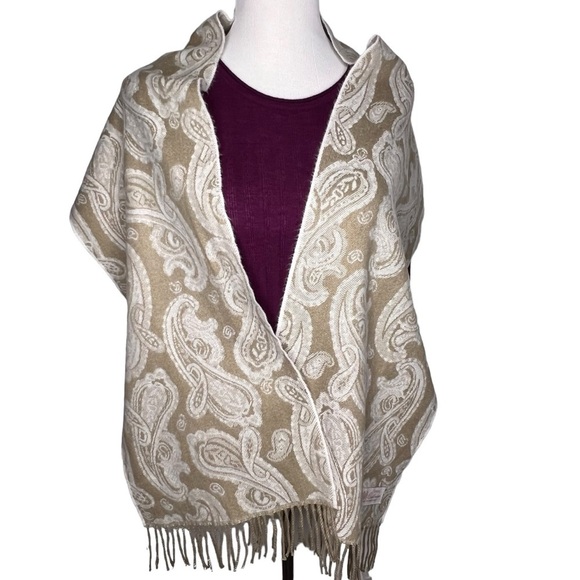 Cashmere Paisley Scarf Shawl with Fringe Beige White England Made Reversible - Picture 3 of 12